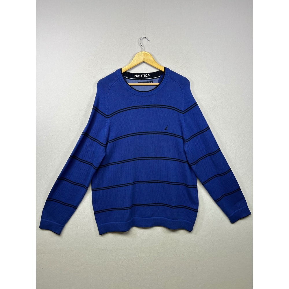 Preppy Nautical Nautica Mens XL Blue Striped Cotton Crewneck Sweater